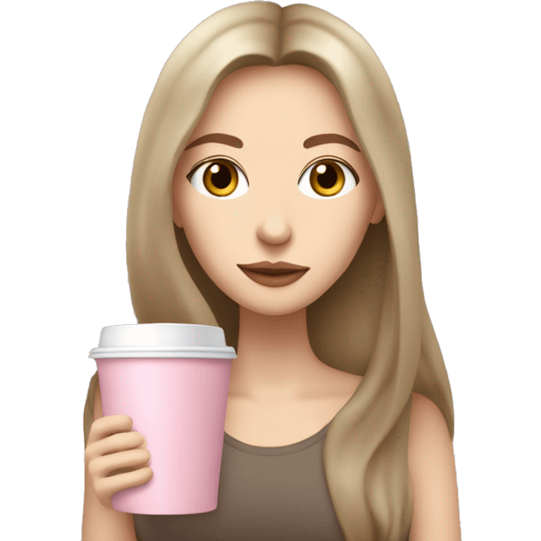 woman with pale skin and middle brown long thin hair sipping cofee from a light pink takeaway cup eyes closedf emoji