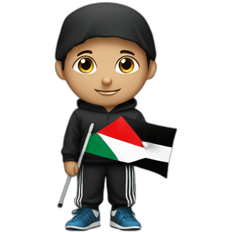 A Palestinian boy wearing black Adidas three-stripe pants and holding a Palestinian flag emoji