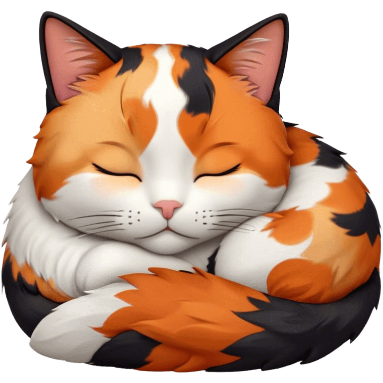 Meme-Worthy Cute Sleeping Calico Cat Portrait Emoji, Head resting peacefully with a content, gentle smile and softly closed eyes, featuring a delicate patchwork fur in vibrant orange, black, and white hues, simplified yet irresistibly endearing, highly detailed, glowing with a soft, drowsy radiance, high shine, exuding relaxed and utterly lovable charm, styled with a gentle, soft glowing outline, capturing the essence of a sleeping calico cat that appears destined to become a viral icon of adorable rest! emoji