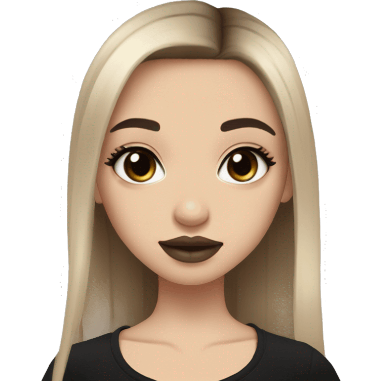 Slavic girl, light skin, goth eyes makeup, pink beige lips, brown eyes, long black-to-blonde ombre straight hair, black T-shirt, chibi, smiling. emoji