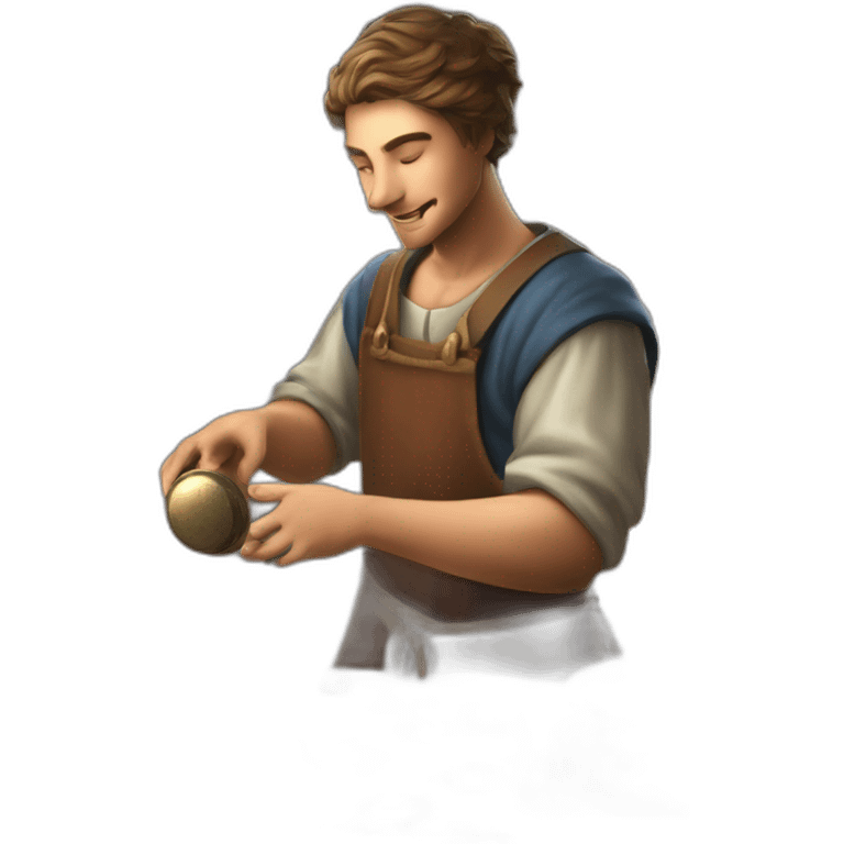 old and experience coin engraver apprentice yielding a coin, medieval age emoji