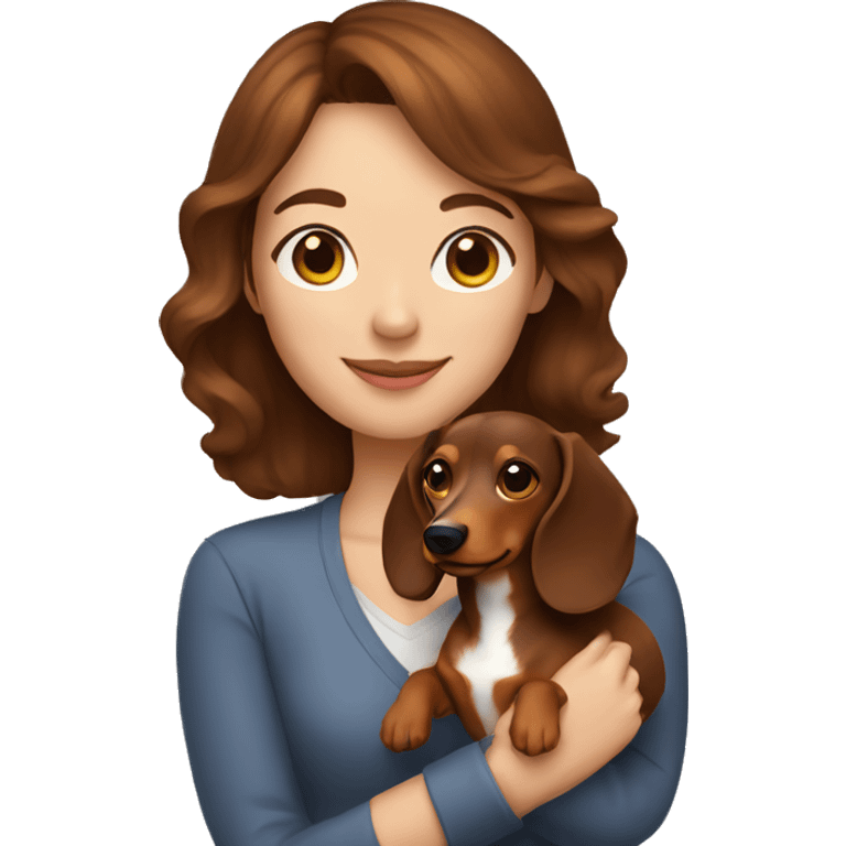 A woman with shoulder length brown hair holding a dachshund  emoji