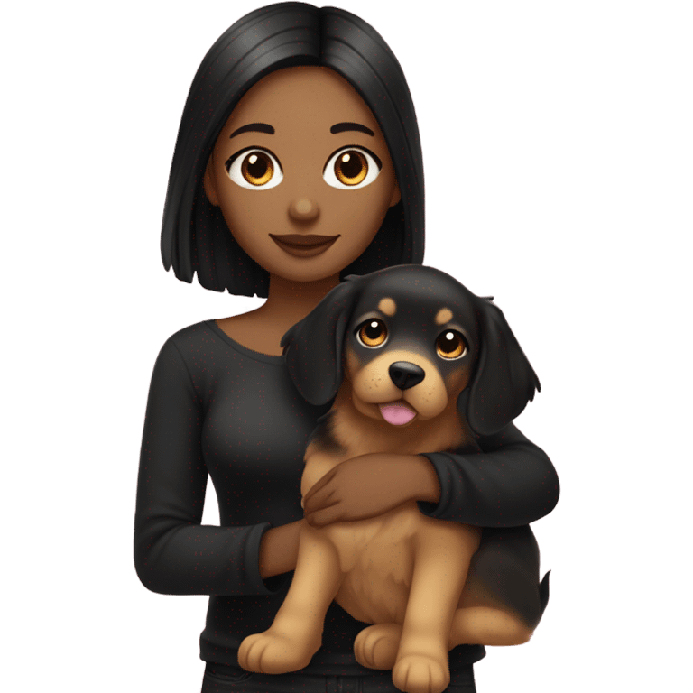 girl with white-fair-skin and long straight black hair and small face wearing a off-shoulder black shirt while holding her golden retriever puppy  emoji