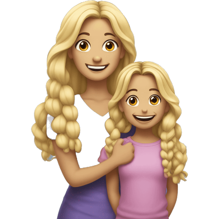 An emoji of a blonde mother with very long hair and a cheerful expression, standing next to her 3-year-old daughter, a small girl with black hair styled in two braids, both smiling happily together emoji