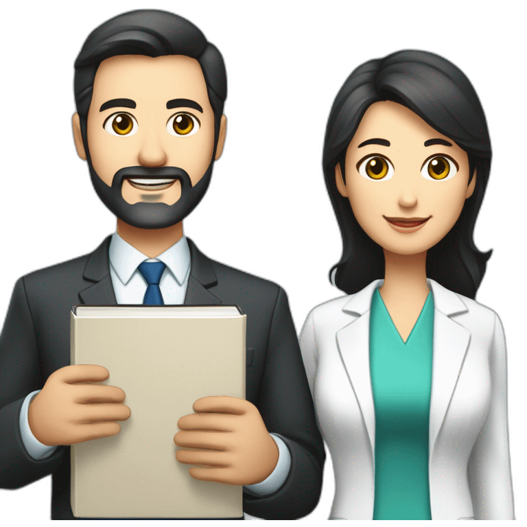 husband classic middle aged executive dark hair thin beard wearing business suit holding bible, with wife asian age 55 dark hair wearing nurse uniform emoji