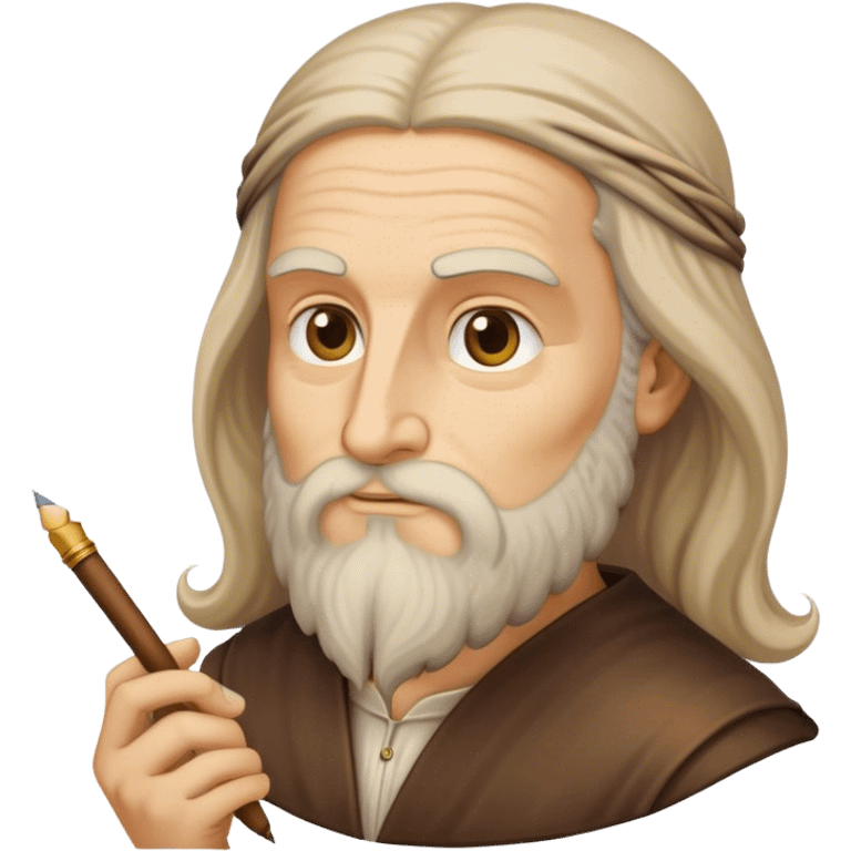 Cinematic Realistic Leonardo da Vinci Portrait Emoji, depicted as the quintessential Renaissance polymath with deep, thoughtful eyes, a flowing beard, and a quill or sketchbook in hand. The scene is illuminated with warm, classical lighting, evoking the atmosphere of a master artist’s workshop, surrounded by early sketches of inventions and masterpieces like the Mona Lisa. emoji