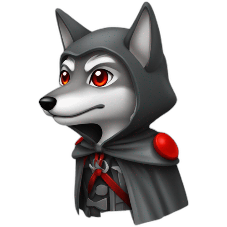 grey wolf with red eyes wearing a black hood holding  sickles emoji