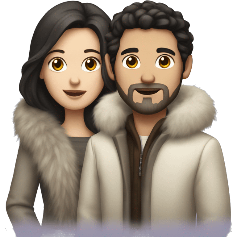 Dark haired White couple in long fur coats emoji