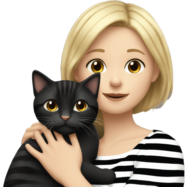 A girl with short blond hair hugs a black striped cat emoji