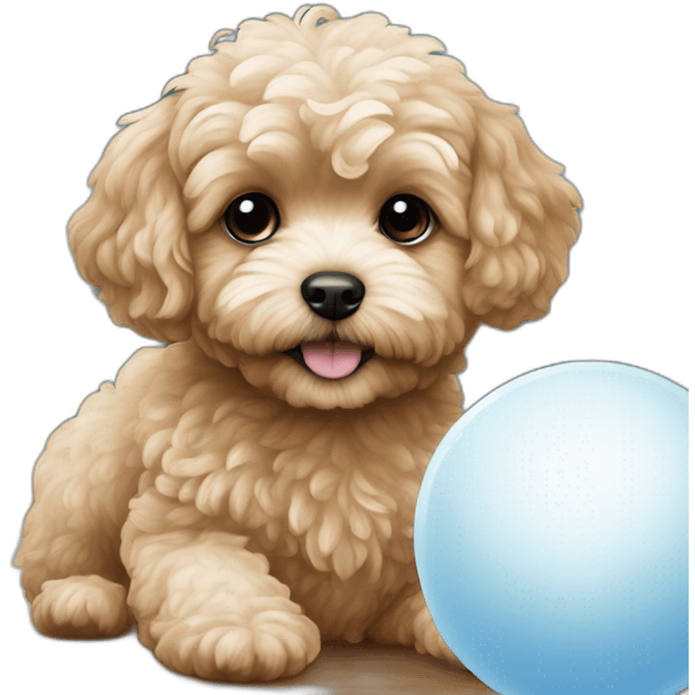 milky brown maltipoo dog playing with a blue ball emoji