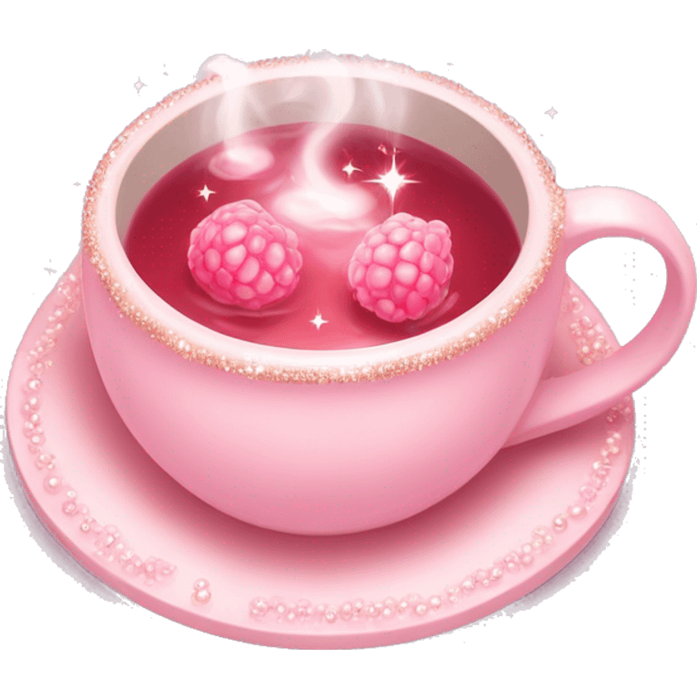 soft pink mug filled with steaming hot raspberry tea, decorated with blush pink pearl and sparkly embellishments (aesthetic, cute) emoji