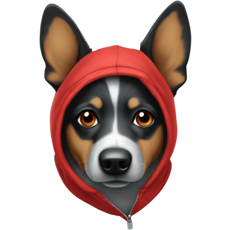 Blue heeler wearing a big red hoodie emoji