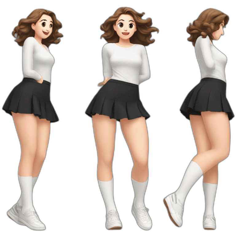 alistic-full-body-caucasian-curvy-beauty-jumping-short-black-skirt-back-and-front-views-strong-wind-white knickers-long-white-socks emoji