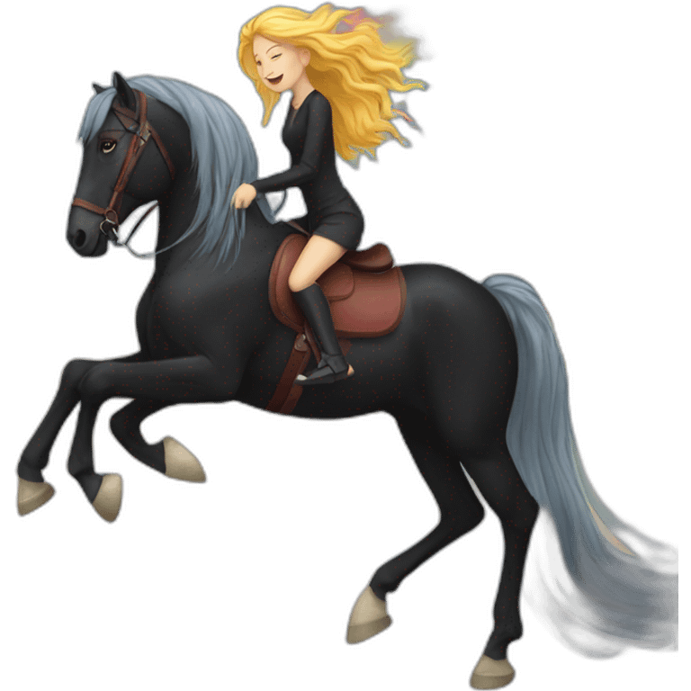 Woman with long long rainbow hair riding a black walking horse emoji