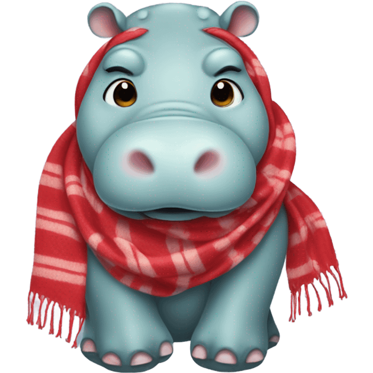 Hippo with a peppermint colored scarf red ears red feet and red hands emoji