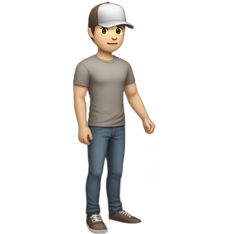 Pale skinned fit Man with dark brown hair in a light gray cap, dark brown jeans, brown polo and white T-shirt keeping a pasted with tape white box into his hands emoji