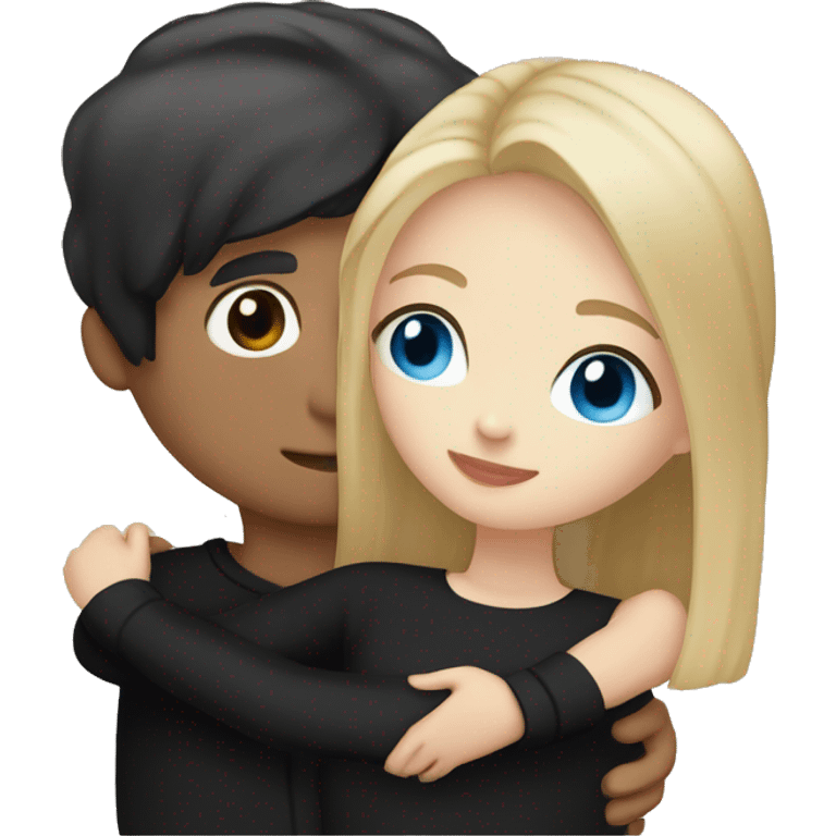 dark Blonde girl with blue eyes in black sweater and an east asian with light skin man with black hair and black eyes hugging emoji