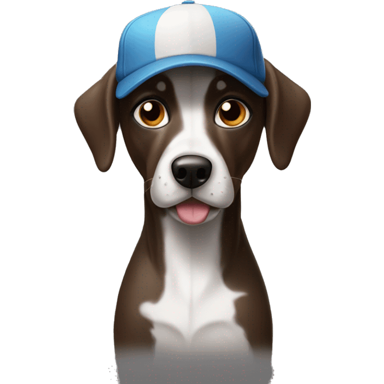 A short hair, pointer dog wearing a baseball cap and sunglasses emoji