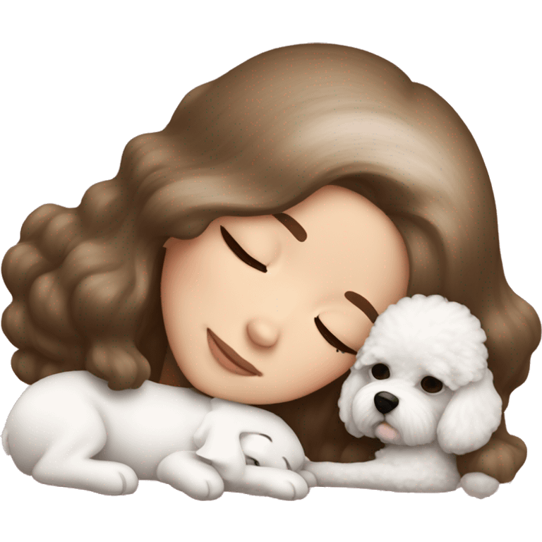 White girl brown hair sleeping with Mini Bichon emoji