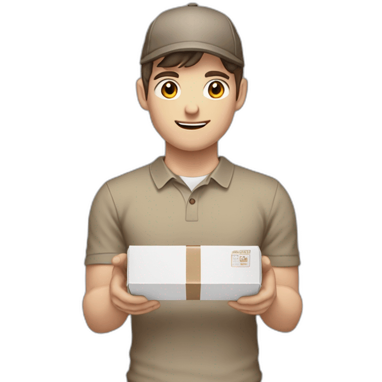 Pale skinned fit Man with dark brown hair in a beige cap, gray jeans and brown polo T-shirt keeping a pasted with tape white box into his hands emoji