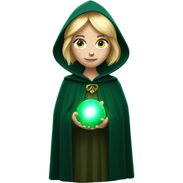 Blonde woman in dark green cloak holding a glowing orb emoji