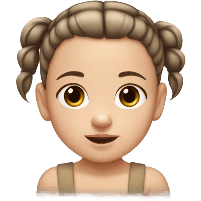 baby girl with super straight brown pigtails on top of head,  big dark brown eyes and pale white fair skin emoji