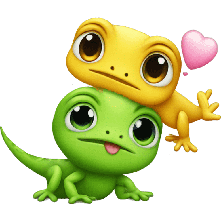 a cute gecko and a cute chick kissing emoji