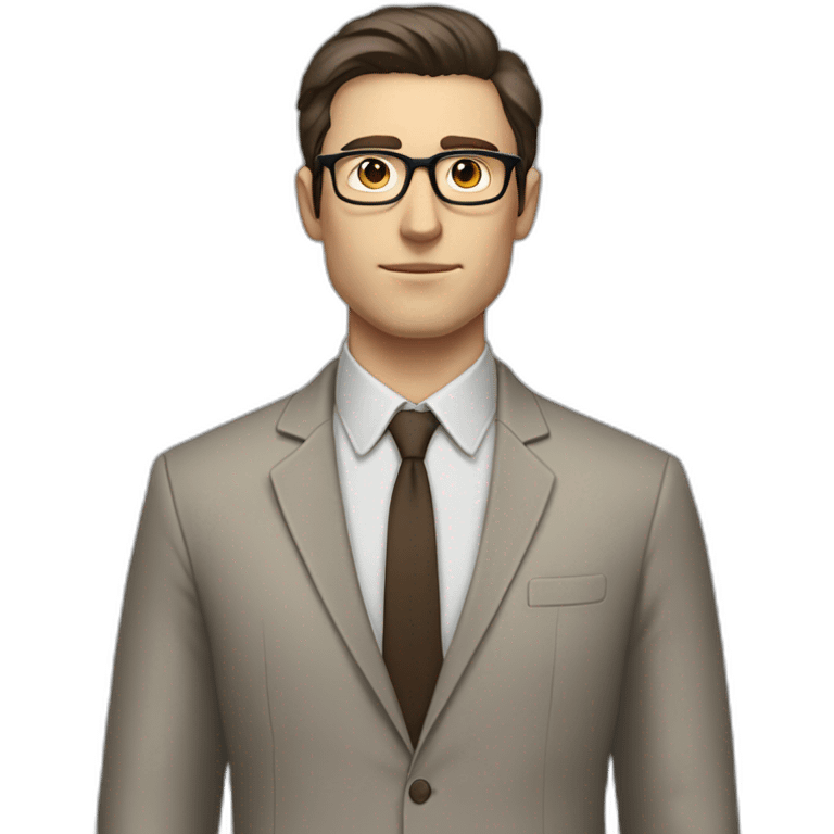 Full height Pale skinned fit man with dark brown hair in gray jacket, beige office shirt, brown tie, brown pants and vintage glasses. His right hand stretched out emoji