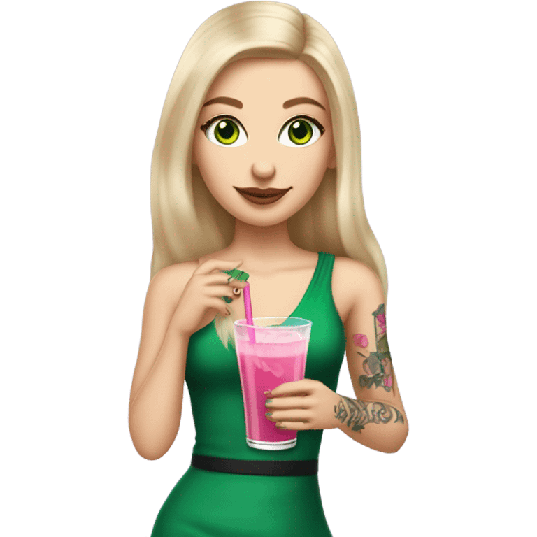 Realistic White girl with Long straight blonde hair, green eyes, tattoos, full body wearing dress and High heels, holding pink drink emoji