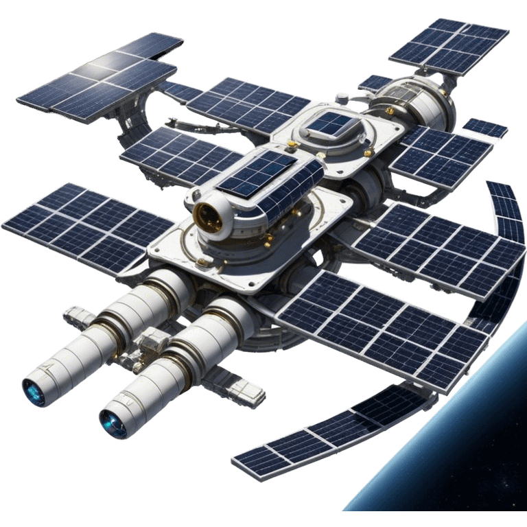  Cinematic Realistic Space Station – A highly detailed, sprawling orbital station with complex solar panels and intricate docking modules. The metallic structure glows faintly from reflected sunlight, with the curvature of Earth and the deep blackness of space in the background. emoji