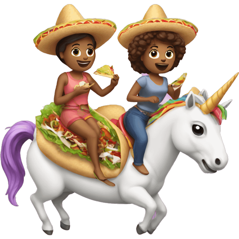 two women eating tacos riding a unicorn emoji