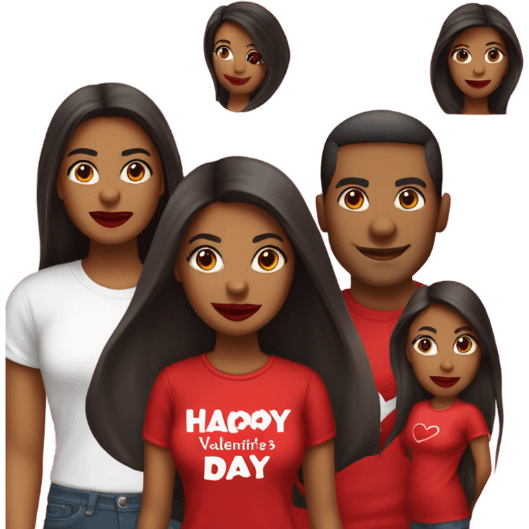 brown lady, dark brown long straight hair, red lips, eyelashes, wearing red “happy Valentine’s Day” t shirt emoji