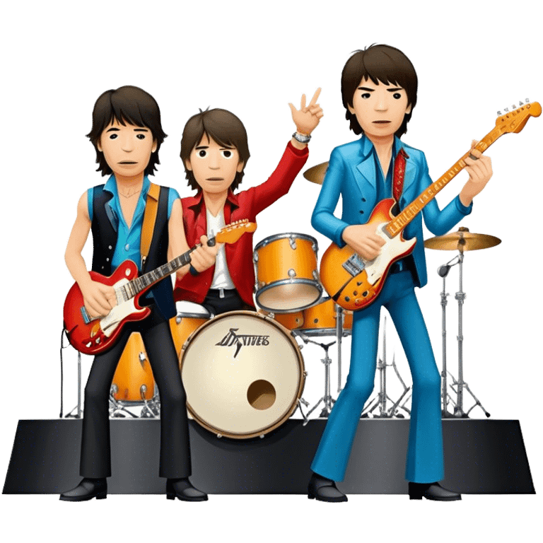 Icon for Rock Music: The Rolling Stones live on stage with Mick Jagger performing vocals, Keith Richards playing guitar, and Charlie Watts on drums. Iconic stage lights, electric guitars, and energetic crowd. Transparent background. emoji