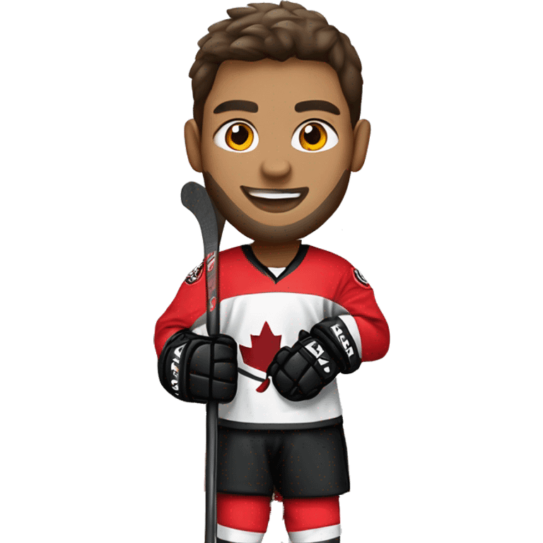 A wolf hockey player in a white red and black uniform holds a puck emoji