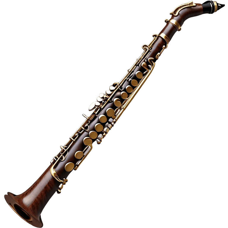 Create a detailed and unique emoji representing a clarinet with a saxophone-style mouthpiece. The design should feature the sleek, dark wood finish of the clarinet, with its shiny metal keys clearly visible, but at the top, include the large, curved mouthpiece typical of a saxophone. The mouthpiece should have a reed, similar to the one used in a saxophone, with subtle details to indicate its function. Use dark wood tones for the body of the instrument and silver or brass accents for the keys. Add small musical notes or soundwaves around the instrument to evoke its smooth, melodic sound. The background should be transparent emoji