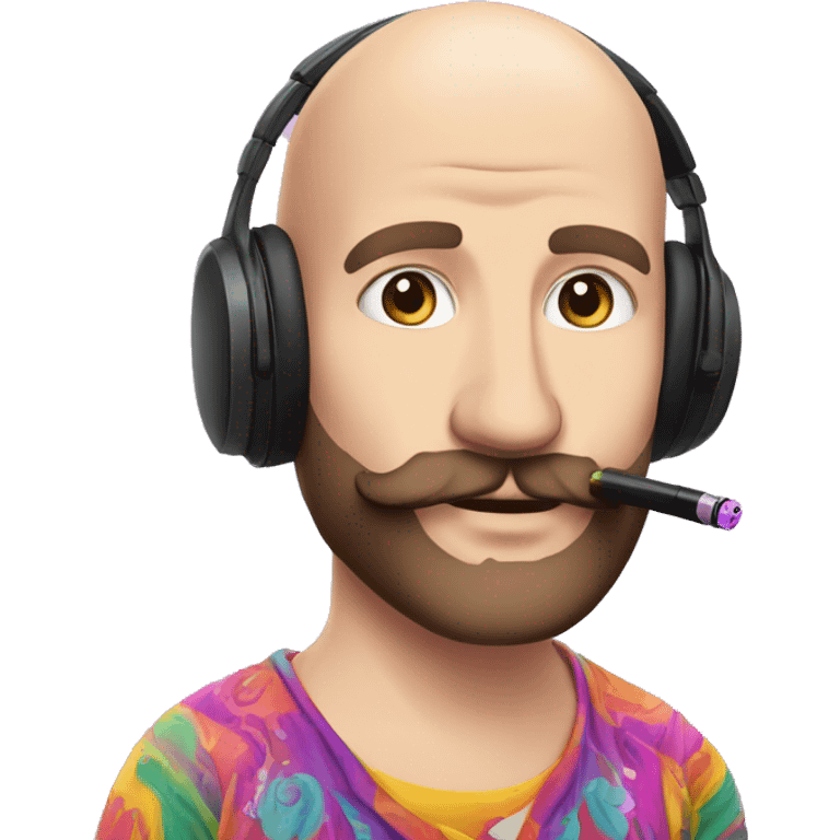 Bald white guy with short black beard and mustache wearing  gaming headphones and a psychedelic shirt with a unicorn on it and smoking a pipe emoji