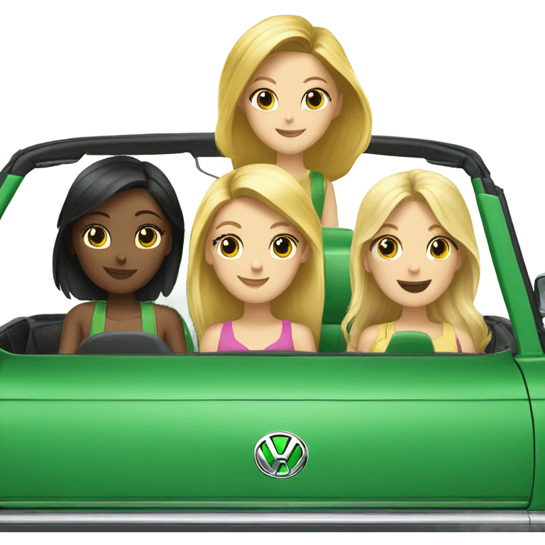 2 blonde and 2 brunette girls in a green convertible volkswagen  emoji