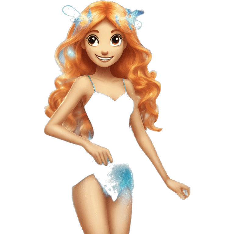 Bloom adult fairy of dragonflame in her enchantix fairy light blue sparkling two-piece clothing and fairy enchantix wings and long ginger hair in from winx club. Lots of sparkles and fairydust. Full body pic and full fairy bliss emoji