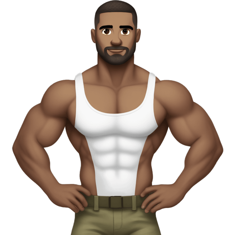 White skin, dark brown hair, hairy body, Bodybuilder, high and tight military haircut, wearing white underwear emoji