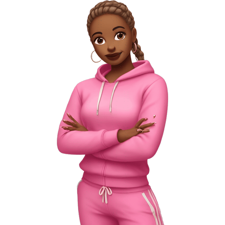 Girl emoji: pink tracksuit, hoop earrings, pink lips, lashes, nails. Poses: peace sign, nails, phone, arms crossed. full body + legs emoji