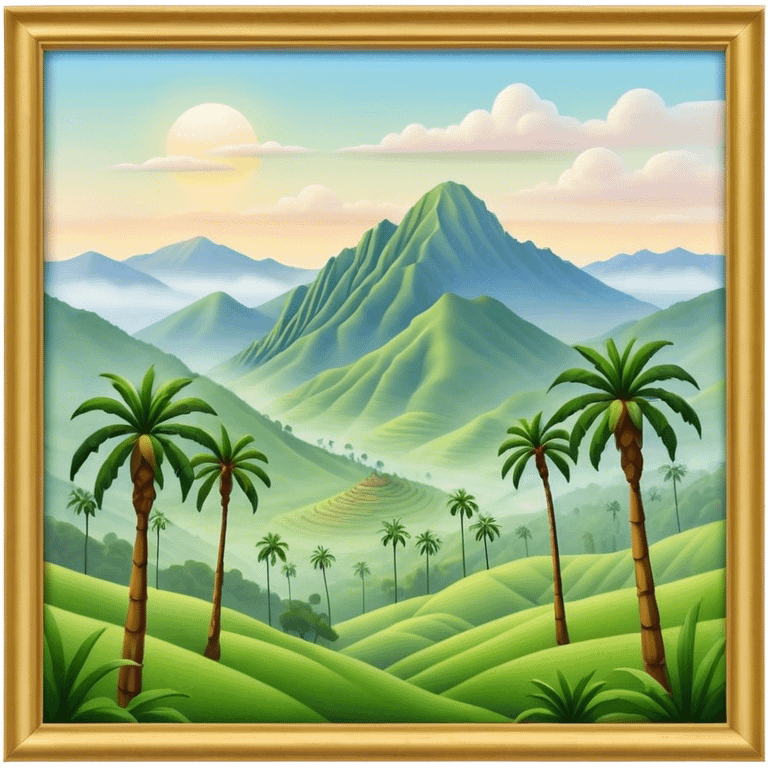 Cinematic Realistic Cocora Valley Landmark Emoji, featuring towering wax palm trees swaying in the misty green valley, with rolling hills and distant mountain peaks bathed in warm morning light. emoji