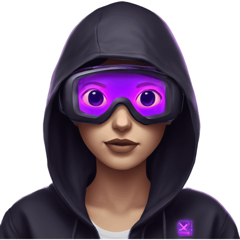 Russian girl wearing black hoody with violet letters "OMG", in vr headset. Cyberpunk style. Violet neon. emoji