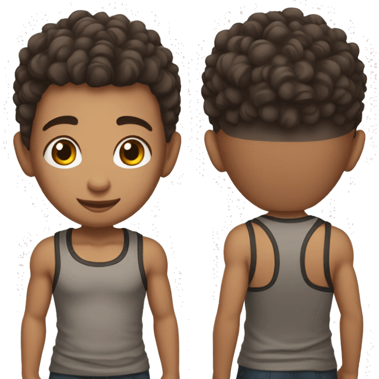 Boy with shaved hair on the sides and curly hair on top, dark brown eyes, wearing tank top emoji