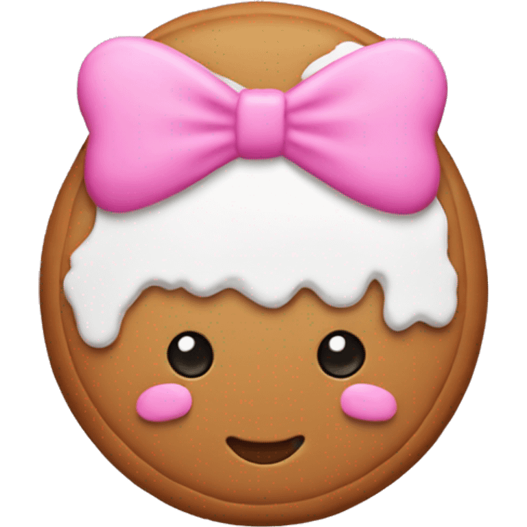 Gingerbread cookie wearing a pink bow on right side of the head with white frosting dress emoji