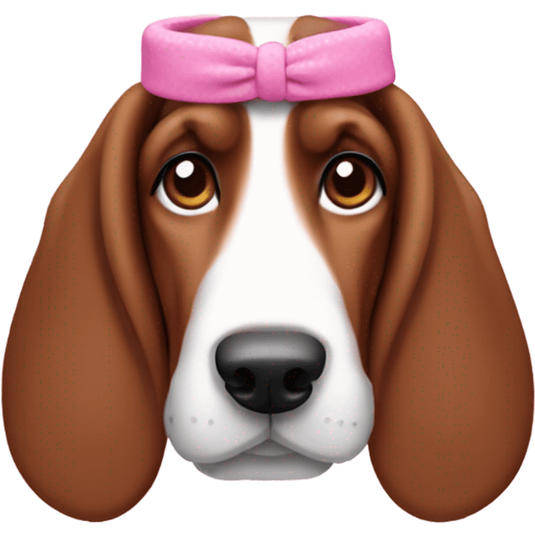 Brown Basset hound dog wearing a bubbly, pink headband emoji