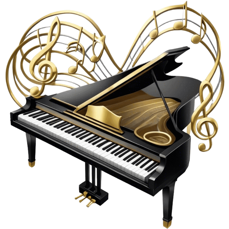 Create an elegant and festive emoji collage representing keyboard instruments, styled like a heraldic emblem. The design should feature a central focal point of black and white piano keys, arranged in a semi-circular or shield-like shape. Around the piano keys, add intertwining musical notes that form flowing ribbons, creating a dynamic and celebratory atmosphere. The design should be professional, with polished silver and gold accents on the keys and notes, highlighting the luxury and sophistication of the instruments. Add subtle shading and lighting effects to give the design a refined, 3D appearance. The background should remain transparent, and the overall feel should evoke grandeur, artistry, and a sense of celebration. emoji