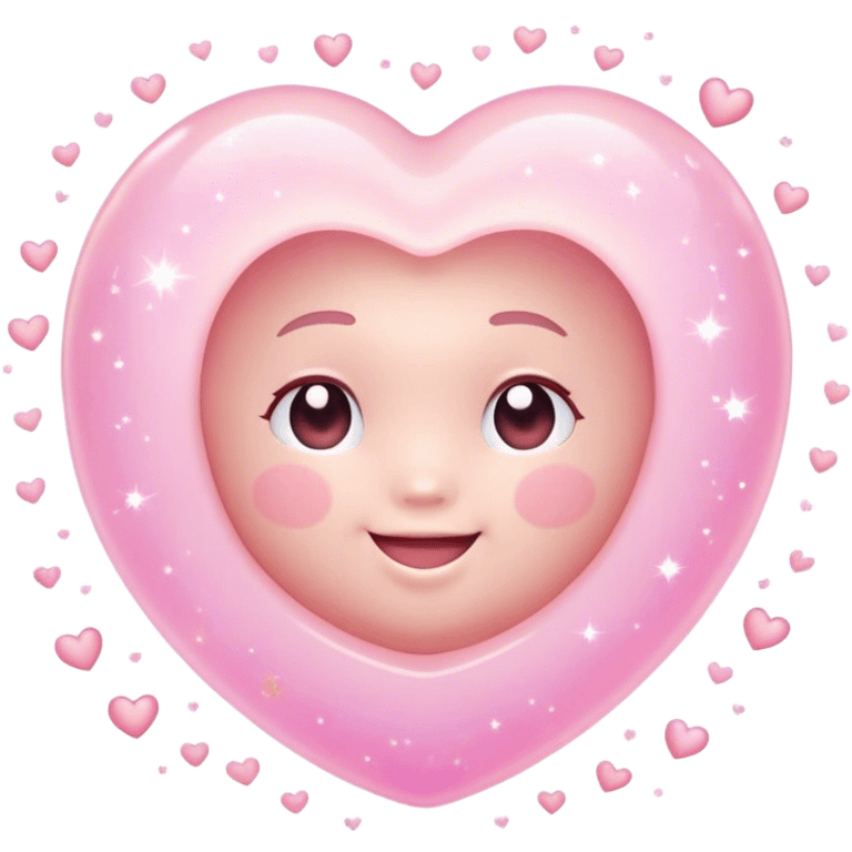 Cinematic floating soft heart, chubby round edges, pastel pink glow, tiny smiling face, surrounded by dreamy sparkles, gentle and loving. emoji