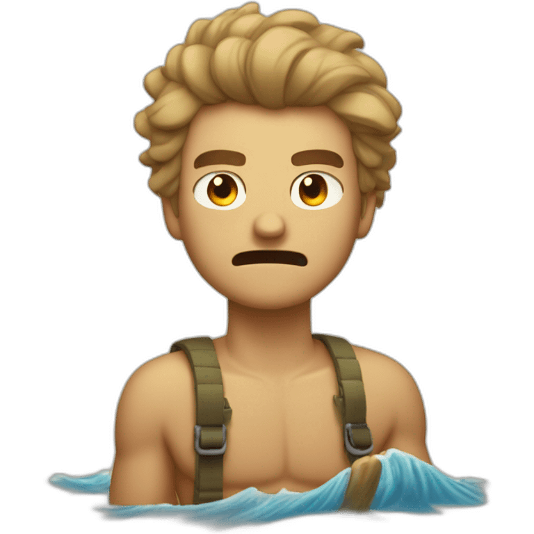 Angry tan guy buzzed hair on raft with beige doodle emoji