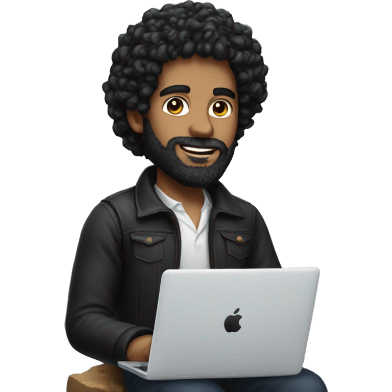 man with a lot of black curly hair with trimmed black beard and white skin + macbook pro emoji