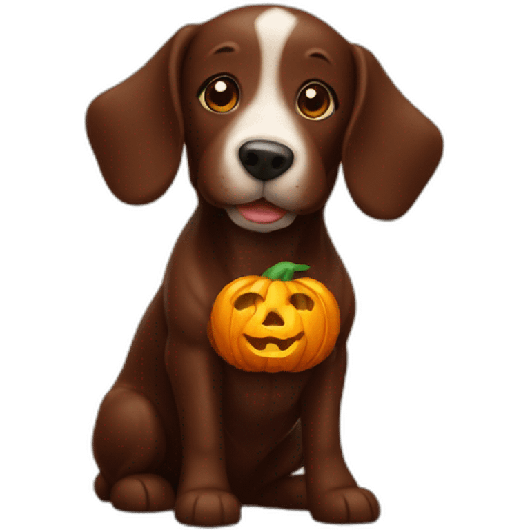 A chocolate doodle dog with a jack on lantern on its head emoji